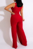 Rote, sexy, elegante Patchwork-Overalls mit Gürtel und V-Ausschnitt