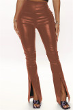 Pantalones pitillo de cintura alta con abertura sólida casuales de moda marrón