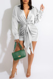 ホワイト ファッション セクシー ソリッド ベルト ターンダウン カラー ロング スリーブ ドレス