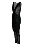 Schwarze, sexy, solide Patchwork-Falten-Overalls mit asymmetrischem V-Ausschnitt und normaler Passform