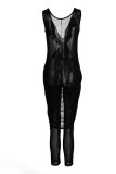Black Sexy Solid Patchwork Fold Asymmetrical V Neck Regular Jumpsuits