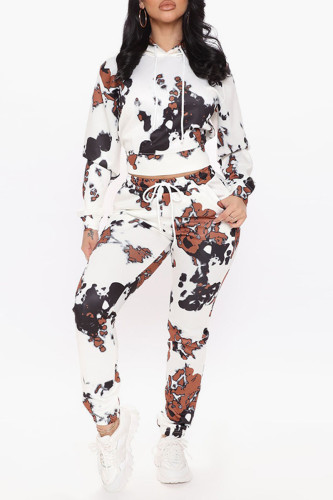 White Casual Print Patchwork Hooded Collar Long Sleeve Two Pieces