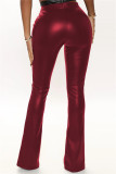 Бордовые модные повседневные однотонные узкие брюки с высокой талией и разрезом