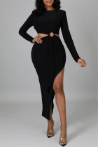 Черное модное повседневное однотонное платье с круглым вырезом и длинным рукавом, асимметричное платье