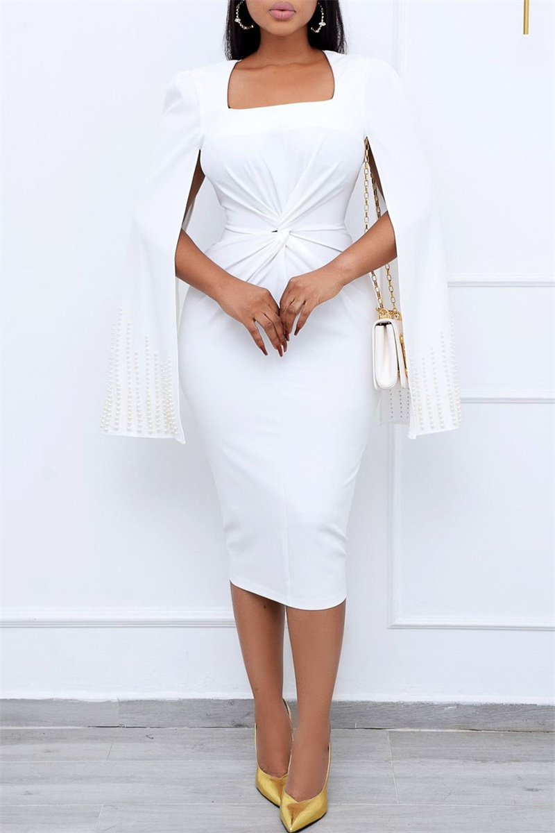 

White Fashion Solid Split Joint Beading Boat Neck Pencil Dresses
