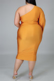 Gold Fashion Sexy Solid Hollowed Out Backless Oblique Collar Long Sleeve Plus Size Dresses