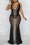 Черное сексуальное лоскутное горячее сверление прозрачное вечернее платье с V-образным вырезом на спине