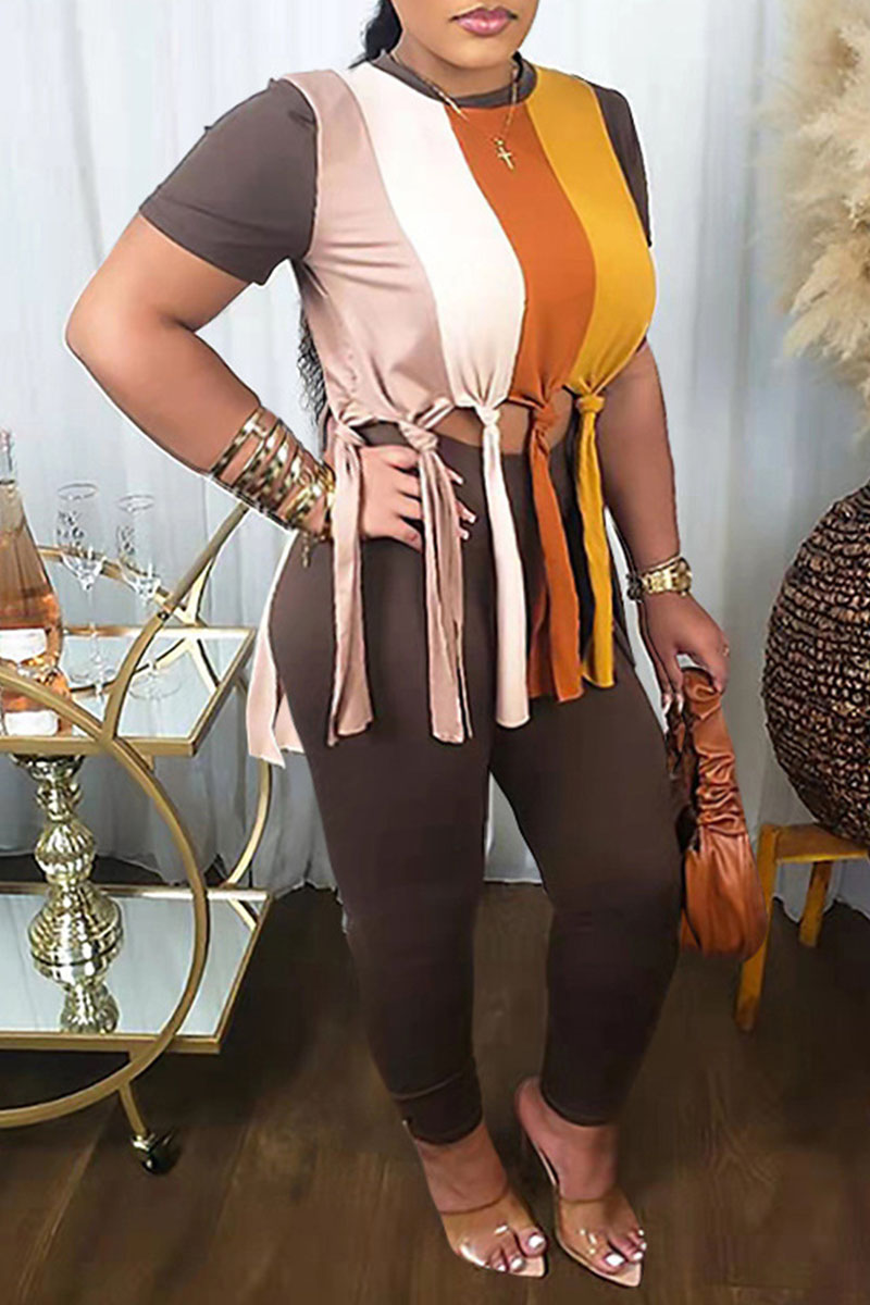 

Deep Coffee Casual Striped Tassel Split Joint Slit O Neck Plus Size Two Pieces
