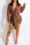 Brown Fashion Sexy Solid With Belt Turndown Collar Long Sleeve Dresses