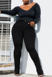 ブラックファッションカジュアルソリッドスリットプラスサイズジーンズ