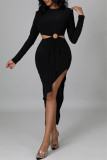 Zwarte mode casual effen uitgeholde O-hals lange mouw onregelmatige jurk