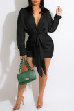 Black Fashion Sexy Solid With Belt Turndown Collar Long Sleeve Dresses