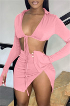 Rose Sexy Casual Bandage Solide Fente Col V Manches Longues Deux Pièces
