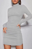Beige Fashion Casual Solid Basic Turtleneck Long Sleeve Dresses