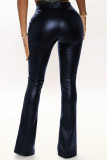 Marineblauwe, mode-casual, skinny broek met hoge taille en effen spleet