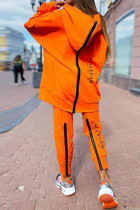Orange décontracté imprimé de rue patchwork fermeture éclair col à capuche manches longues deux pièces