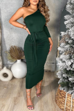 Green Sexy Solid Patchwork Oblique Collar One Step Skirt Dresses