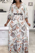 Orange Fashion Casual Print With Belt V Neck Long Sleeve Plus Size Dresses