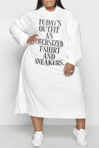 Witte Mode Casual Letter Print Basic Hooded Kraag Lange Mouw Plus Size Jurken