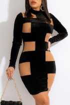 Zwarte mode sexy patchwork doorschijnende halflange coltrui jurken met lange mouwen