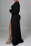 Schwarze Mode Sexy Solid Slit V-Ausschnitt Langarm-Kleider