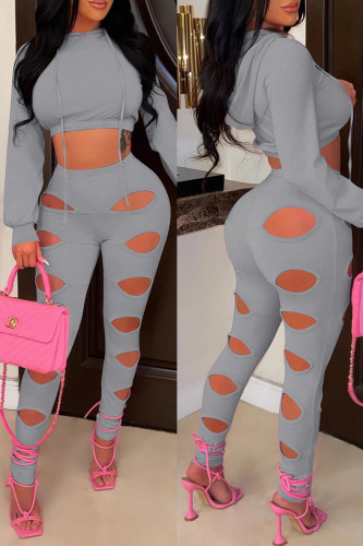 Grey Sexy Solid Hollowed Out Patchwork Hooded Collar Long Sleeve Two Pieces