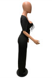 Schwarzes, modisches, sexy, solides, ausgehöhltes, kurzärmliges Kleid mit quadratischem Kragen und Schlitz