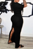 Schwarzes, modisches, sexy, solides, ausgehöhltes, kurzärmliges Kleid mit quadratischem Kragen und Schlitz