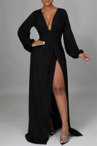 Черные модные сексуальные однотонные платья с V-образным вырезом и длинными рукавами