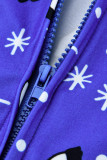 Azul Casual Living Print Patchwork Zipper Collar Macacões Regulares