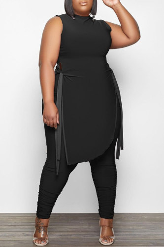 Black Fashion Casual Solid Bandage O Neck Plus Size Two Pieces
