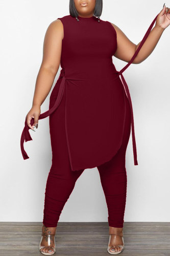 Burgundy Fashion Casual Solid Bandage O Neck Plus Size Two Pieces