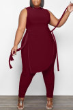 Burgund Fashion Casual Solid Bandage O Neck Plus Size Two Pieces