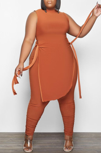 Orange Fashion Casual Solid Bandage O Neck Plus Size Two Pieces