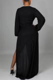 Vestidos de manga comprida preta sexy moda com fenda e decote em V