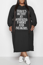 Zwarte Mode Casual Letter Print Basic Hooded Kraag Lange Mouw Plus Size Jurken