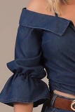 Blauwe casual effen patchwork off-shoulder tops