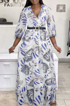 Paarse mode casual print met riem V-hals lange mouwen plus size jurken