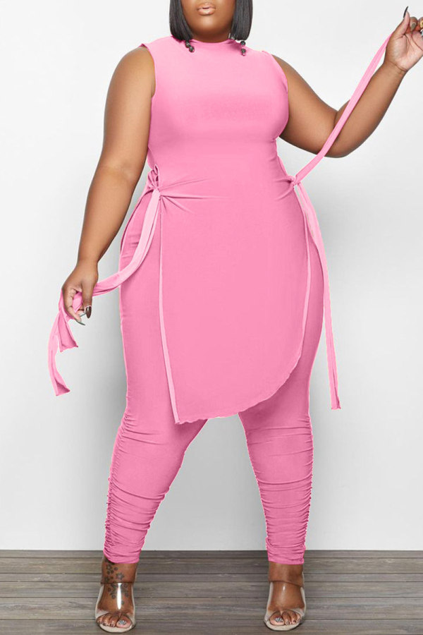 ピンクファッションカジュアルソリッド包帯Oネックプラスサイズツーピース