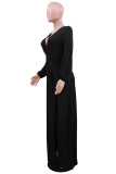 Vestidos de manga comprida preta sexy moda com fenda e decote em V