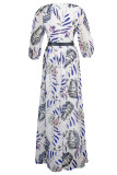 Фиолетовый модный повседневный принт с поясом V-образным вырезом с длинным рукавом Платья больших размеров