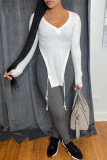 White Fashion Casual Solid Asymmetrical V Neck Tops