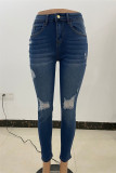 Donkerblauwe mode casual effen gescheurde hoge taille regular denim jeans