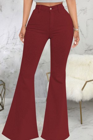 Burgundy Fashion Street Solid High Waist Flare Leg Denim Jeans