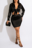 Black Sexy Solid Bandage Patchwork Turndown Collar Long Sleeve Two Pieces