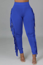 Pantaloni a matita a vita alta regolari con nappa tinta unita blu alla moda