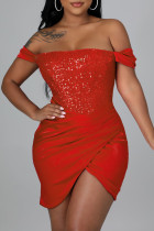 Rote Mode Sexy Patchwork-Pailletten Rückenfreies, schulterfreies, unregelmäßiges Kleid