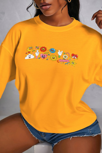 Yellow Sweet Cute Print Patchwork O Neck Tops
