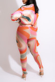 Pink Sexy Print Bandage Patchwork Turndown Collar Long Sleeve Two Pieces