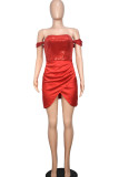 Rote Mode Sexy Patchwork-Pailletten Rückenfreies, schulterfreies, unregelmäßiges Kleid
